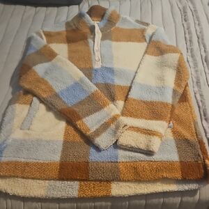 New Directions Plaid Fleece Hoodie - Cream, Blue, Brown